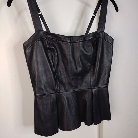 Bebe Genuine Leather Peplum Spaghetti Strap Biker Top Womens XS Black Soft - Picture 2 of 10